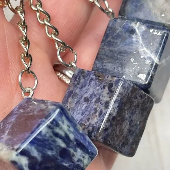 Lapis Lazuli cube keychain key ring pendant chain NEW hand crafted