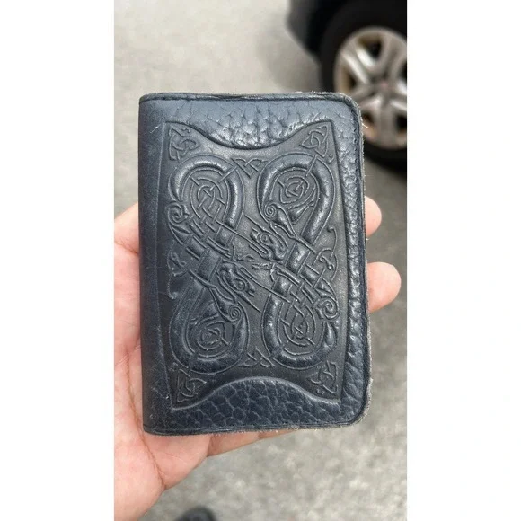 Vintage Celtic Knot Embossed Black Leather Slim Bifold Card Holder Wallet