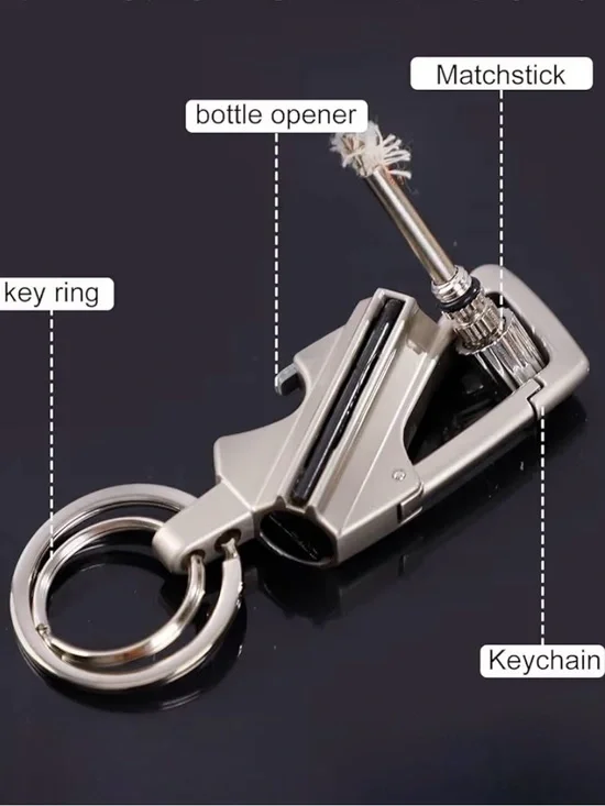 Silver Keychain with Bottle Opener and Matchstick