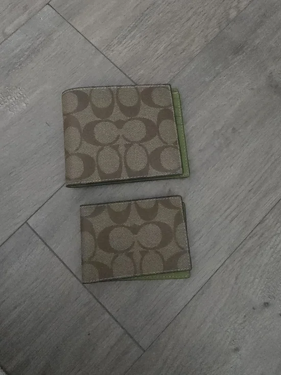 Coach Men’s Signature Canvas Bi-Fold Wallet - Khaki with Green Trim