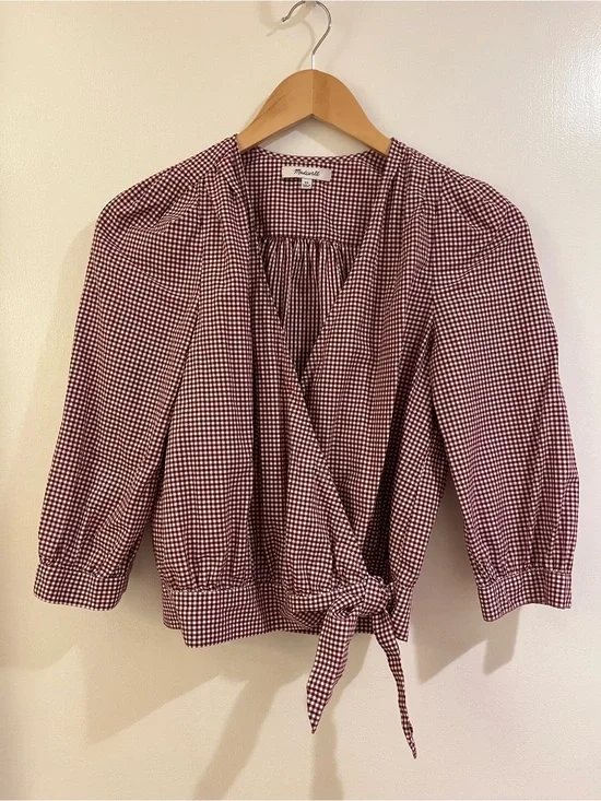 Madewell Maroon Gingham Wrap Top with Tie Waist