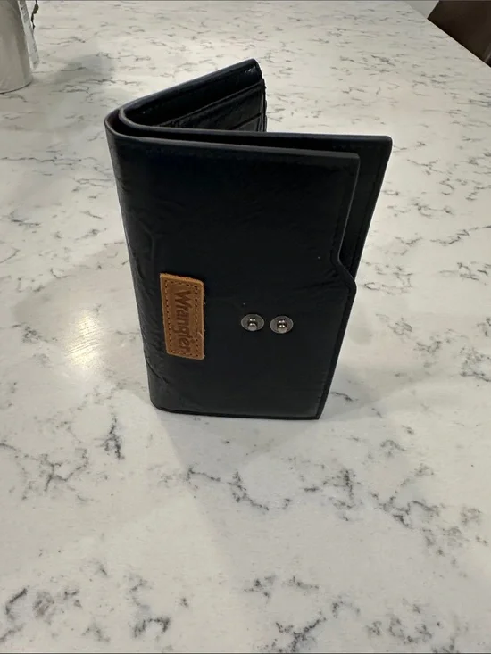 Wrangler Black Wallet with Tan Logo Patch and Snap Closure