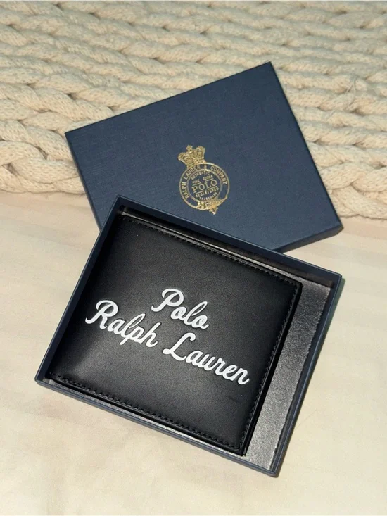 Polo Ralph Lauren embroidery white logo Black Leather Double Billfold Wallet NWT