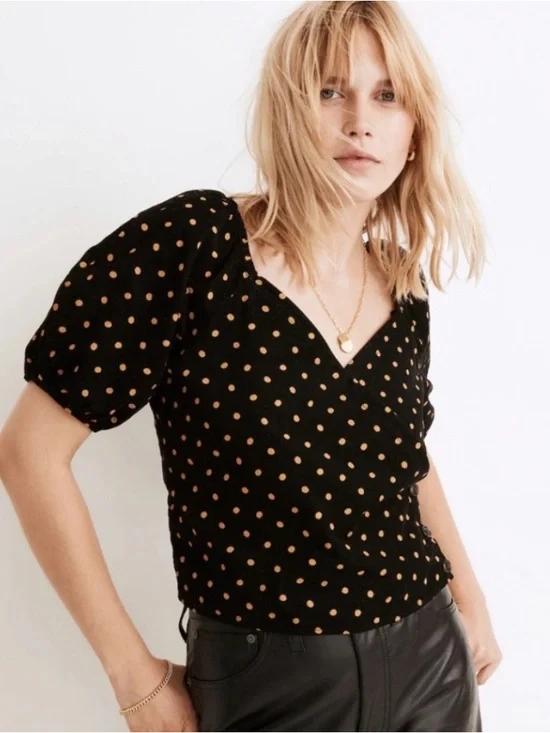 Madewell Black V-Neck Wrap Top with Tan Polka Dots