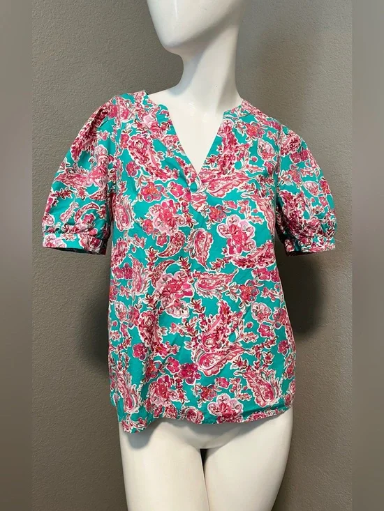J. CREW Women’s Turquoise  Floral Paisley V-Neck SS Top  Blouse Size XS