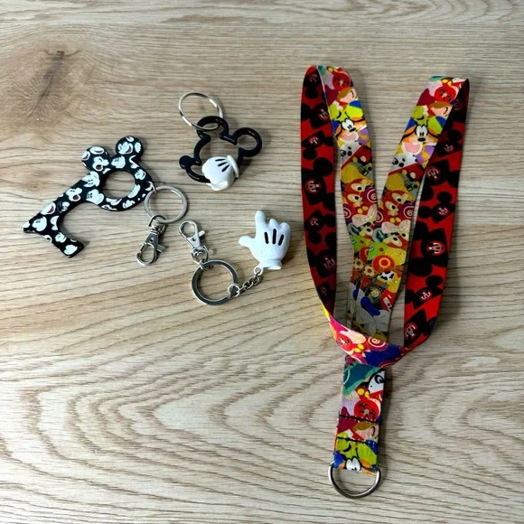 Disney‎ Parks Lanyard and Keychains Set Of 4 Mickey Mouse Gloves Door Opener