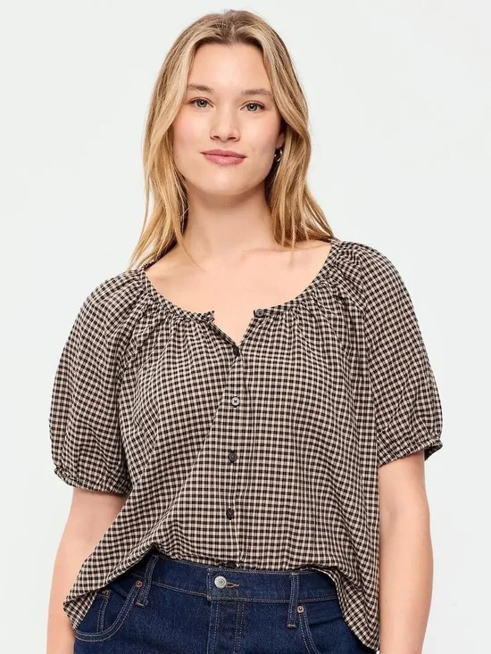 Checked Puff-Sleeve Button Front Top - Black & Cream