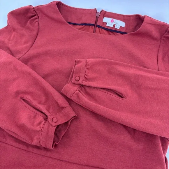 Boden Tie Waist Jersey Blouse Women 8 Red Puff Sleeve Boat Neck Top Classy Retro