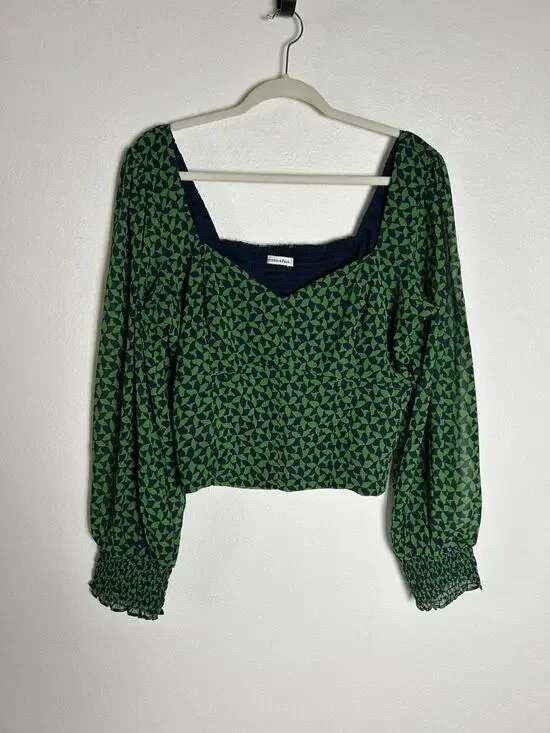 Abercrombie & fitch printed puff sleeve crop top green navy size XL