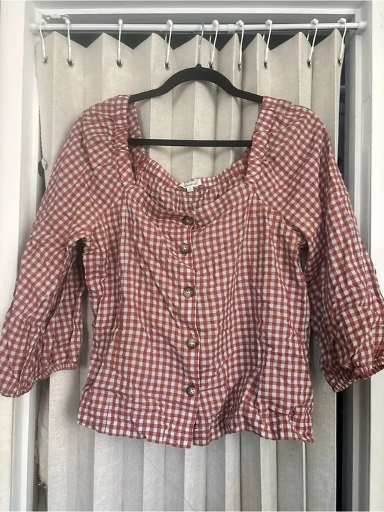 Madewell- Gingham Seersucker Puff-Sleeve Button-Front Top