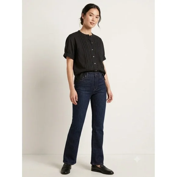 Banana Republic Black Pleated Voile Blouse Short Puff Sleeve XXS Pintuck Cotton