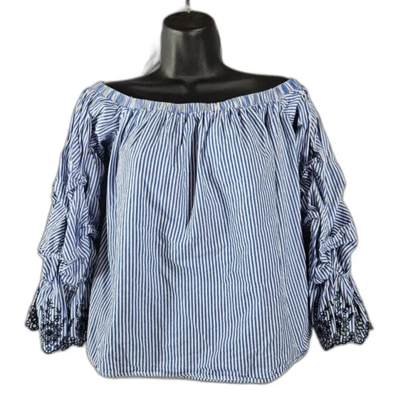 ASTR L Cotton Puff Sleeve Blue Top Matress Stripe Blouse off Shoulder Summer