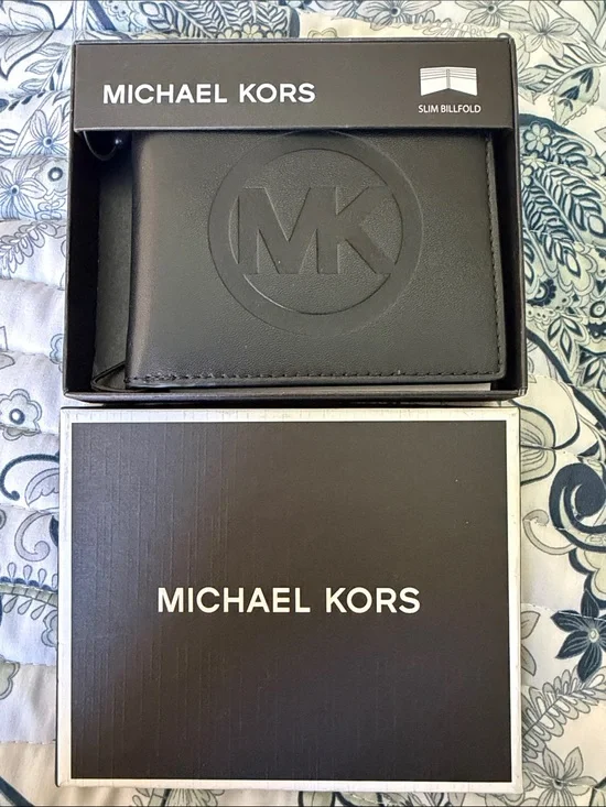 Michael Kors Black Slim Leather Billfold Wallet with Embossed MK