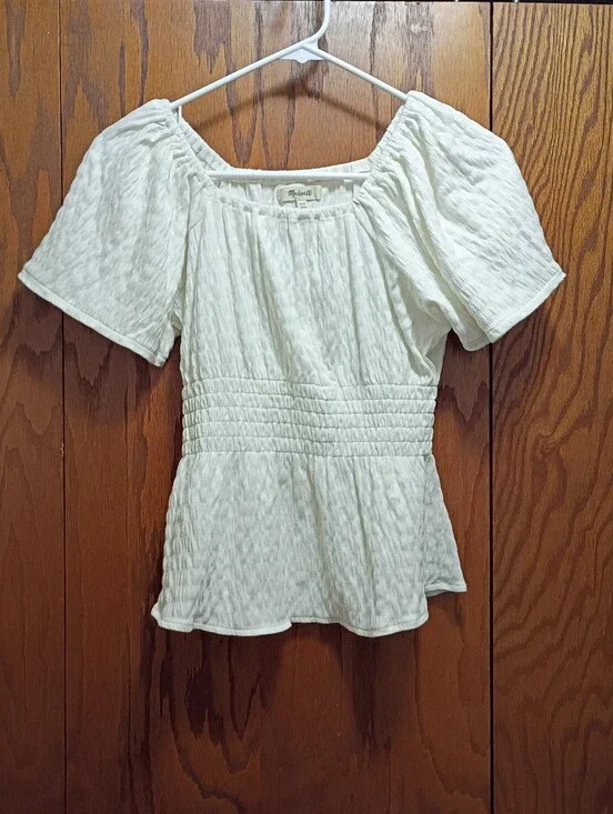 Madewell Cream Textured Peplum Short-Sleeve Top