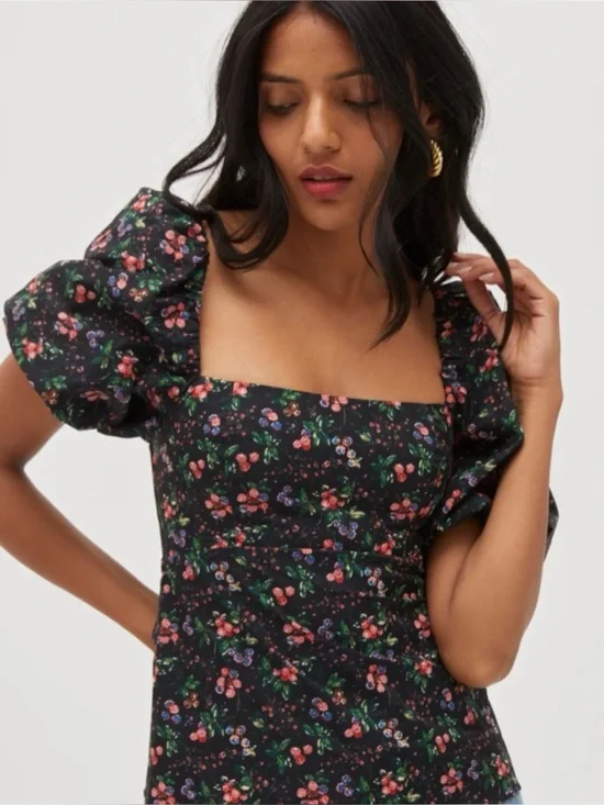 HILL HOUSE | The Matilda Puff Sleeve Top in Multi Berry Taffeta, Size Large