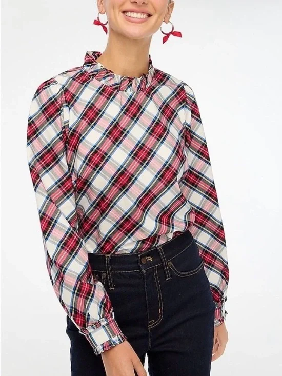 EUC J. Crew Red, Cream & Blue Tartan Plaid Ruffle-Neck Blouse
