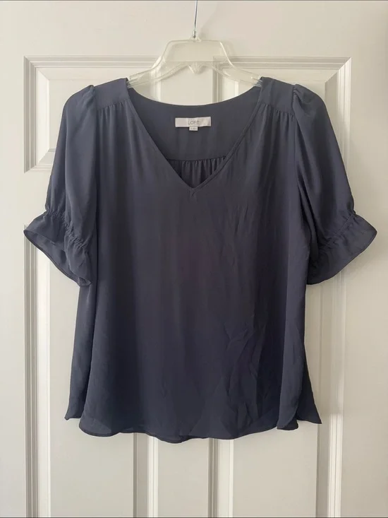 LOFT Slate Blue V-Neck Puff Sleeve Blouse size M