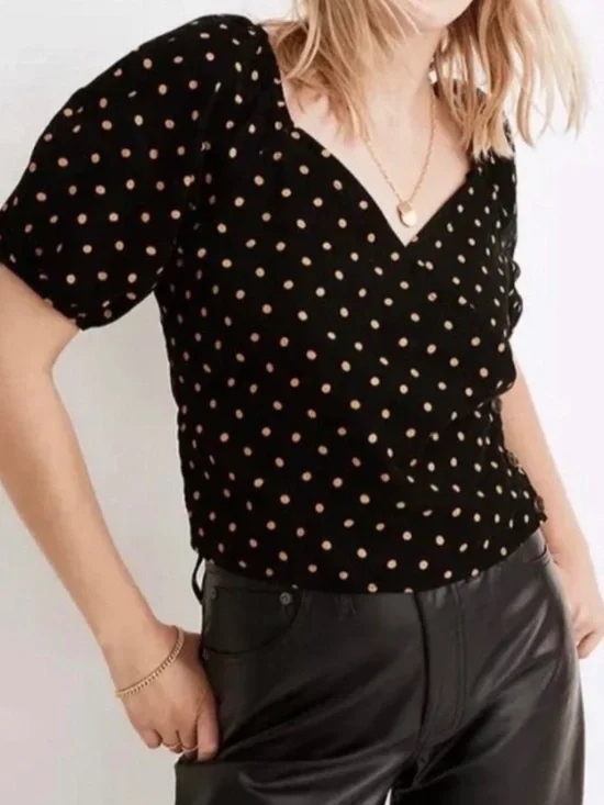NWT Madewell Polka Dot Puff Sleeve Blouse Women's Small Black Brown Cotton VNeck