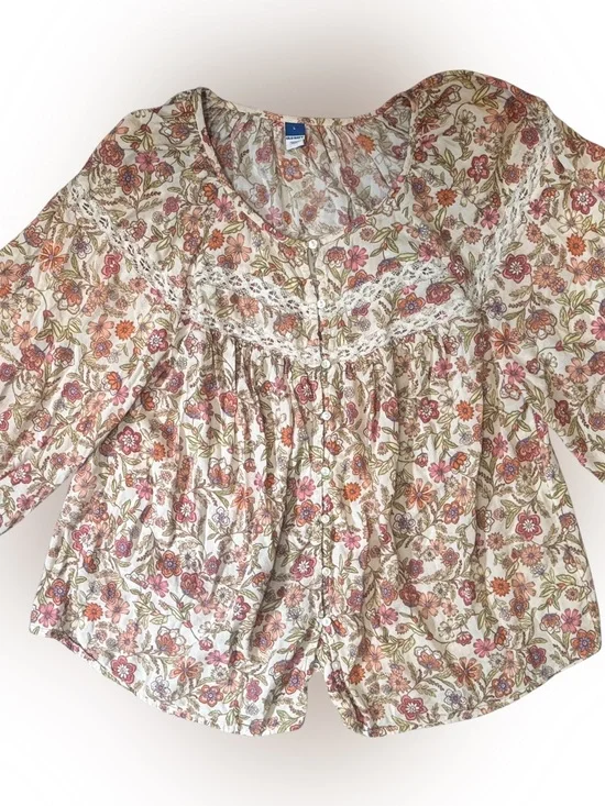 Old Navy Floral Lace-Trim Button-Front Blouse Puff Sleeves - White/Pink/Green
