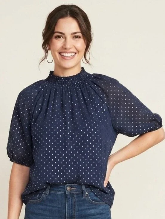LOFT Navy Smocked-Neck Dot Top