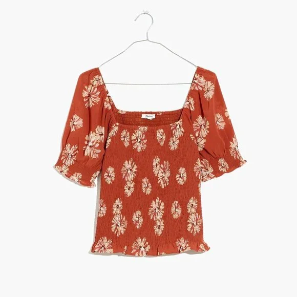 Madewell Moody Blooms Georgette Lucie Puff-Sleeve Smocked Bodice Top 2676