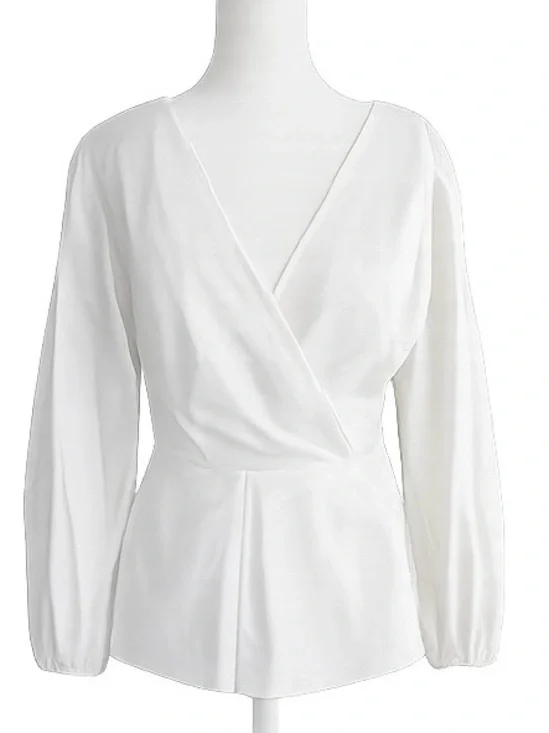 J.Crew White Cotton Poplin Faux Wrap Peplum Blouse Puff Sleeve Size 8