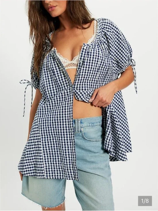 Free People Size XL Navy & White Gingham Tie-Sleeve Peasant Blouse NWT