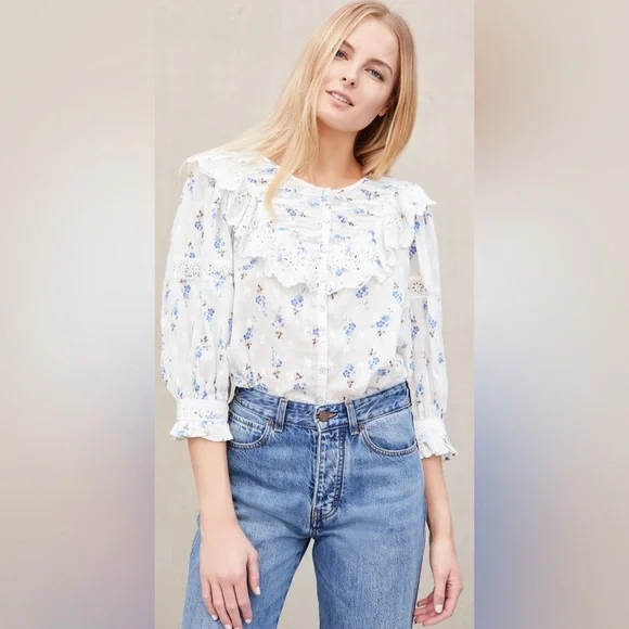 NWT LoveShackFancy Canna Lace Top Blouse- Brilliant Blue