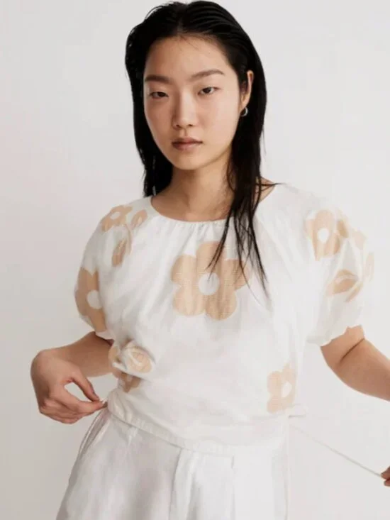 Madewell Embroidered Poplin Puff-Sleeve Cutout Crop Top Size S