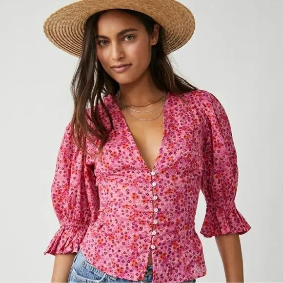 NWOT Free People I Found You Pink Floral Puff Sleeved Top Small