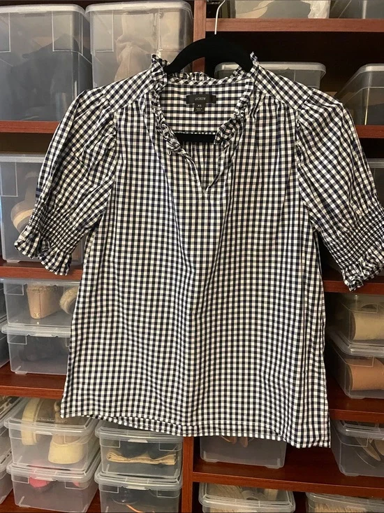 J. Crew Navy and White Gingham Ruffle-Neck Blouse