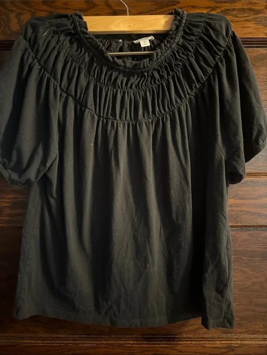 J. Crew Black Smocked-Neck Puff Sleeve Top