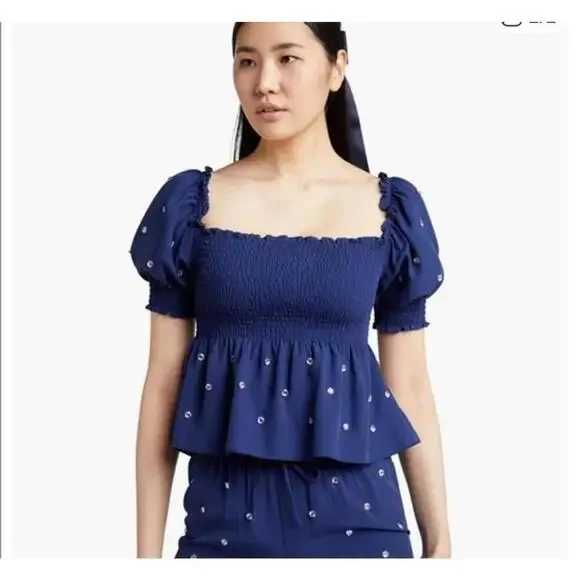 Hill House Navy Blue Smocked Embellished Puff Sleeve Blouse sz L