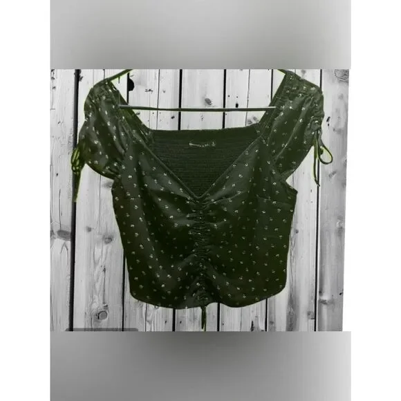 Abercrombie & Fitch Olive Green Ruched Tie-Sleeve Crop Top S