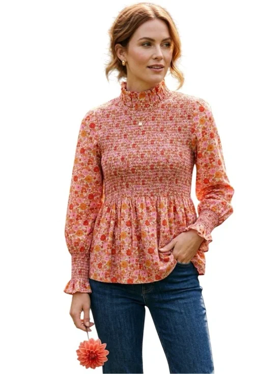 TUCKERNUCK Blushing Bouquet Short Sleeve Rowan Smocked Blouse S Peasant Boho
