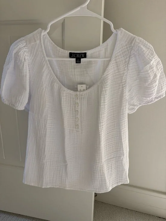 J. Crew White Gauze Puff-Sleeve Henley Top