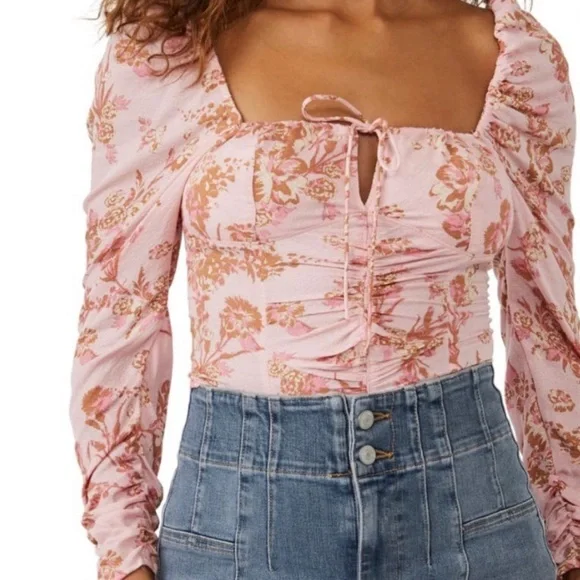 Free People Pink Floral Ruched Puff Sleeve Tie Front Smocked‎ Back Top Boho