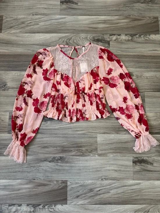 NWT Free People Daphne Blouse in Romantic Combo Lace Yoke Puff Sleeve Size Med