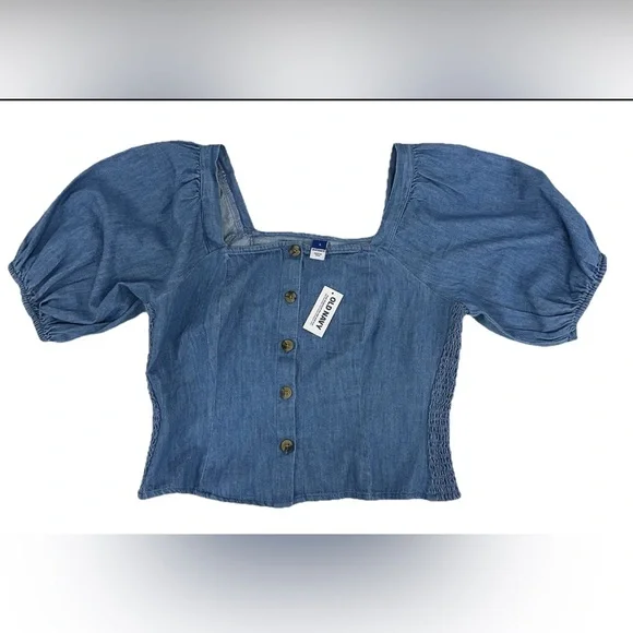 Old Navy Denim Top Ruched Sides Puff Sleeves Buttons SzS Cottage Boho Fairy