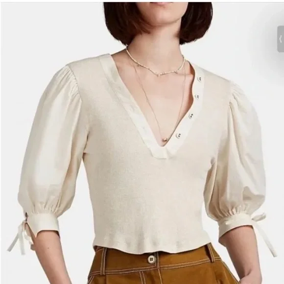 Ulla Johnson Pia Melange Rib-Knit Top Cream Buttoned V-Neck Blouse. Size M