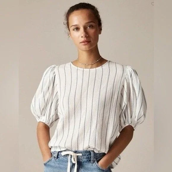J. Crew NWT Women's Puff Sleeve Top in Sheer Gauze‎ White Striped Size XS
