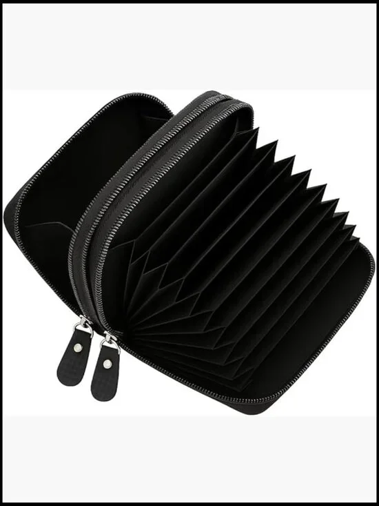 Genuine Leather Double Zipper Credit Card Wallet RFID Blocking