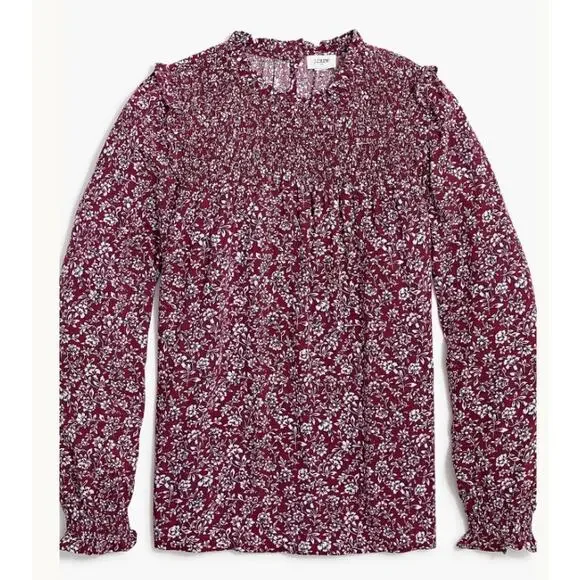 J. Crew Warm Burgundy Blue Bree Smocked Ruffleneck Top‎ Size Large