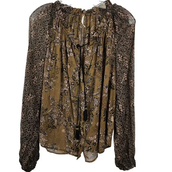Free People‎ XS Brown Neutral Tone Floral Boho Prairie Cottage Fall Harvest Top