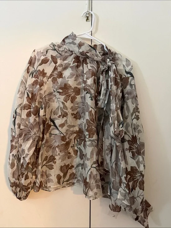 Astr Sheer Floral Bow Blouse in Cream and Brown