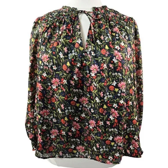 Old Navy Smocked Dark Floral Shine Blouse Chiffon Shimmering Ditsy Romantic