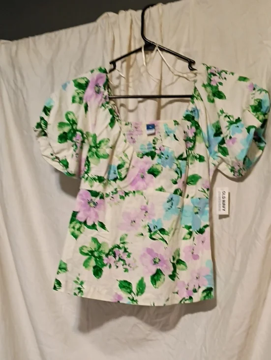 Old Navy White Floral Puff-Sleeve Square Neck Blouse