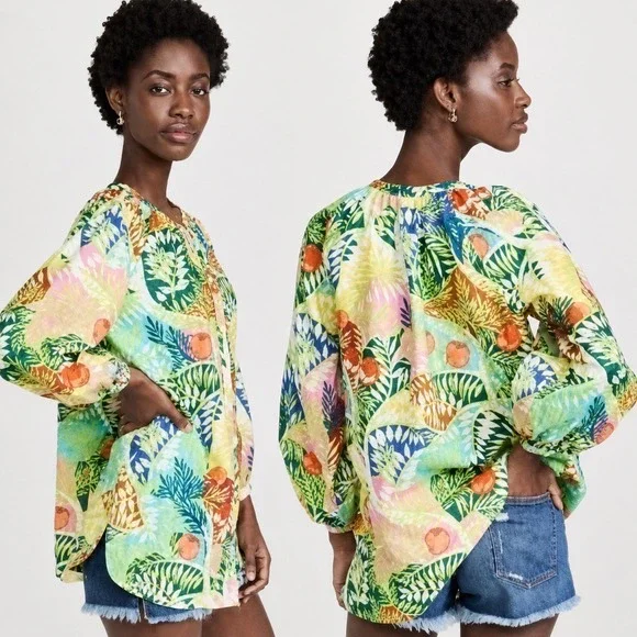 STAUD Vincent Blouse S Linen Tropical Palm Print Puff Sleeve Tunic Top Resort