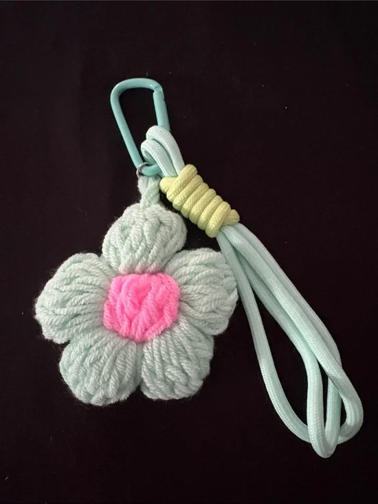 Mint Green Flower Crochet Yarn Bag Charm Keychain with Pink Center Accessory