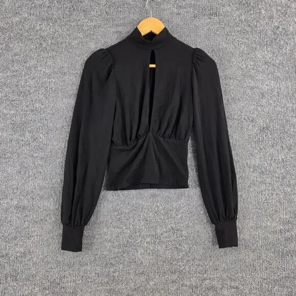 Reformation Blouse XS Black Puff Sleeve Mock Fitted Cutout Ruched Sexy Night Out